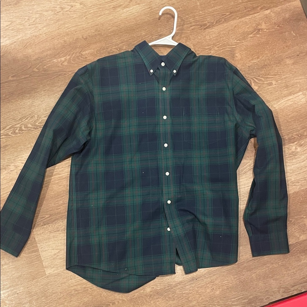 Lands' End Men's Navy and Forest Plaid Shirt